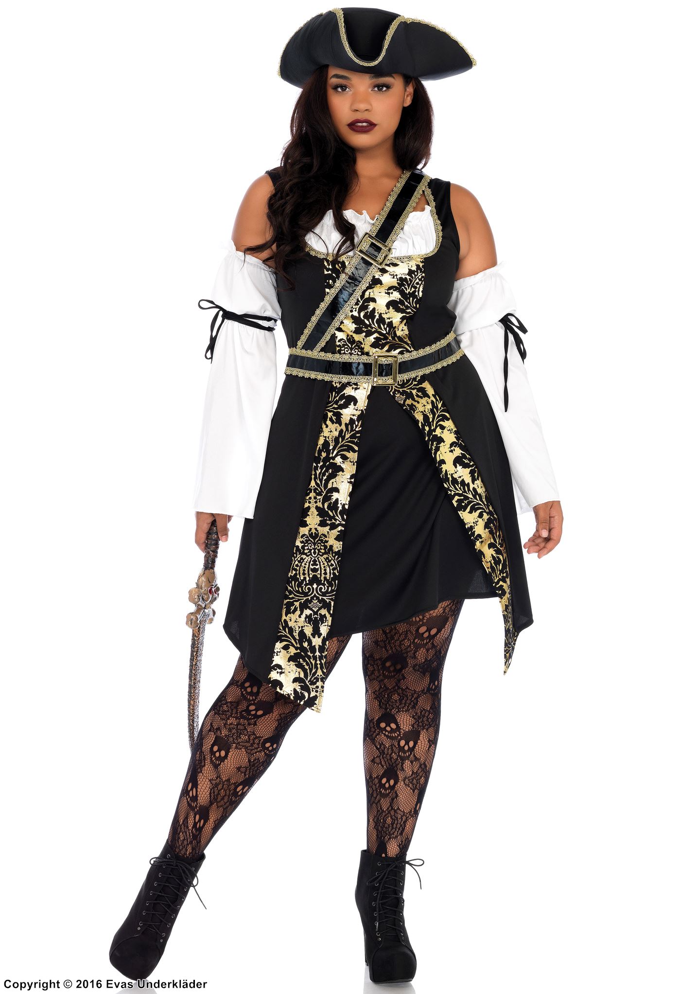 Kvinnelig piratkaptein, kostyme-kjole, brokade, belte, XL til 4XL
